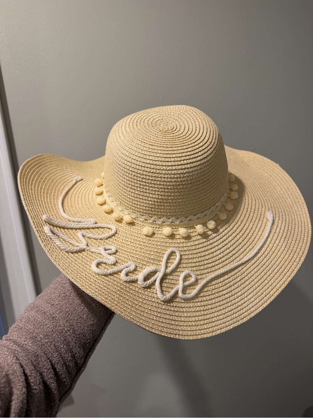 Beige 'Bride' Embroidered Wide Brim Sun Hat